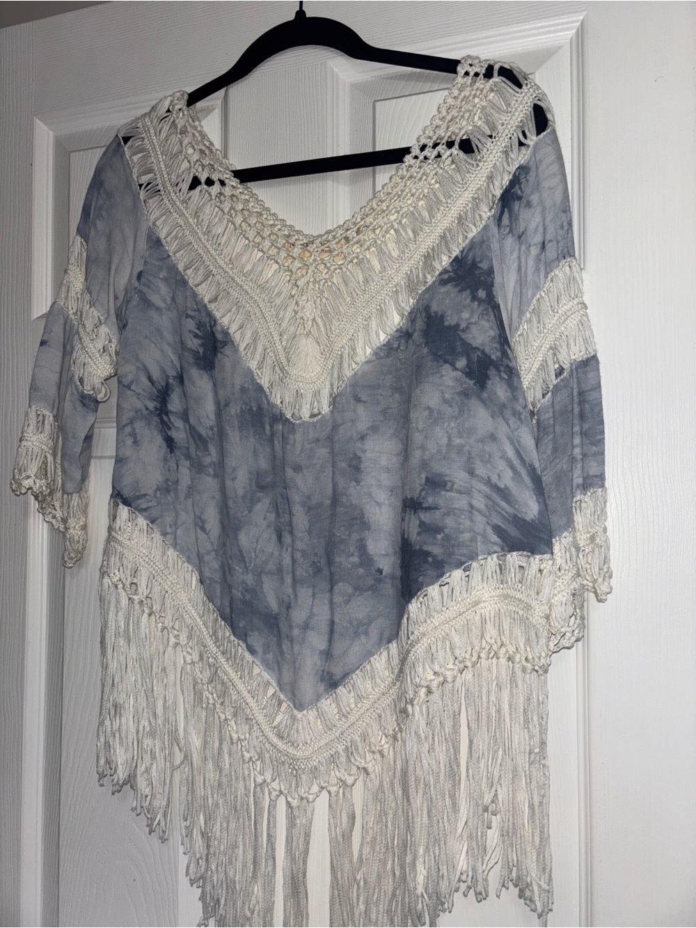 Blue Tie-Dye Fringe Tunic with White Crochet